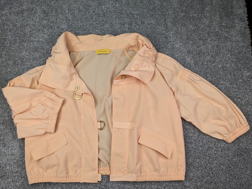 St John Jacket Womens L Apricot Satin Overcoat Bomber Sailor Designer Classy